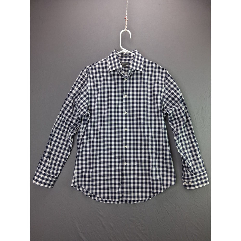 Calibrate Button Up Shirt Trim Fit Mens Medium Blue Gingham Non-Iron Stretch LS